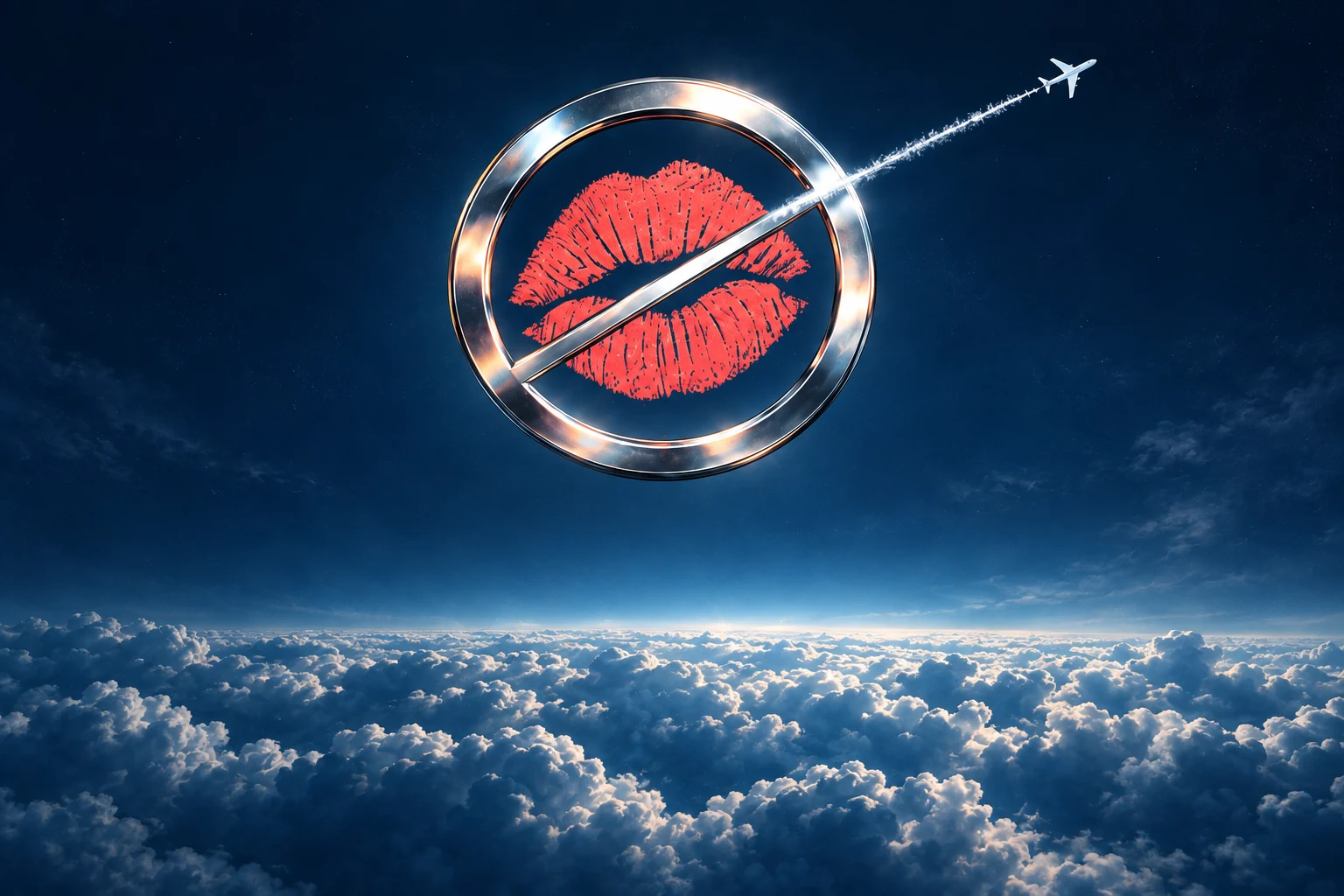 Chrome kiss emblem with a plane and contrail soaring over clouds